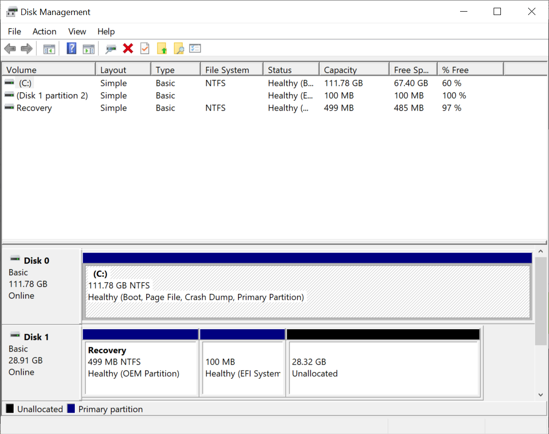 Windows Disk Management Shows The New Drive Upgrade in the Geo Flex 2 in 1