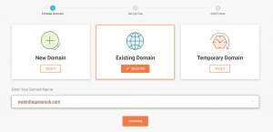 SiteGround screen where you decide whether to register a new domain or use an existing one.
