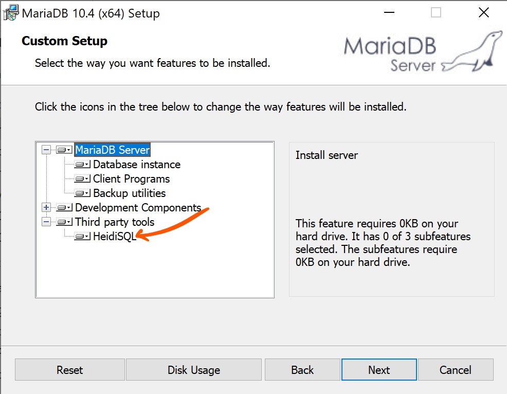 Screenshot of installing MariaDB on Windows