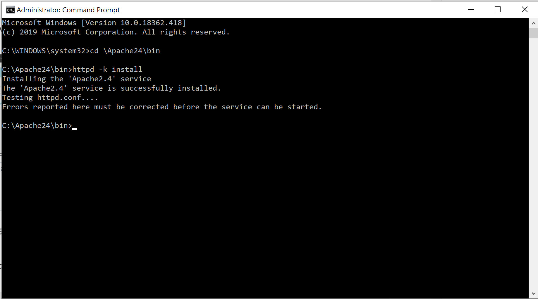 Screenshot of admin enabled CMD installing Apache Service