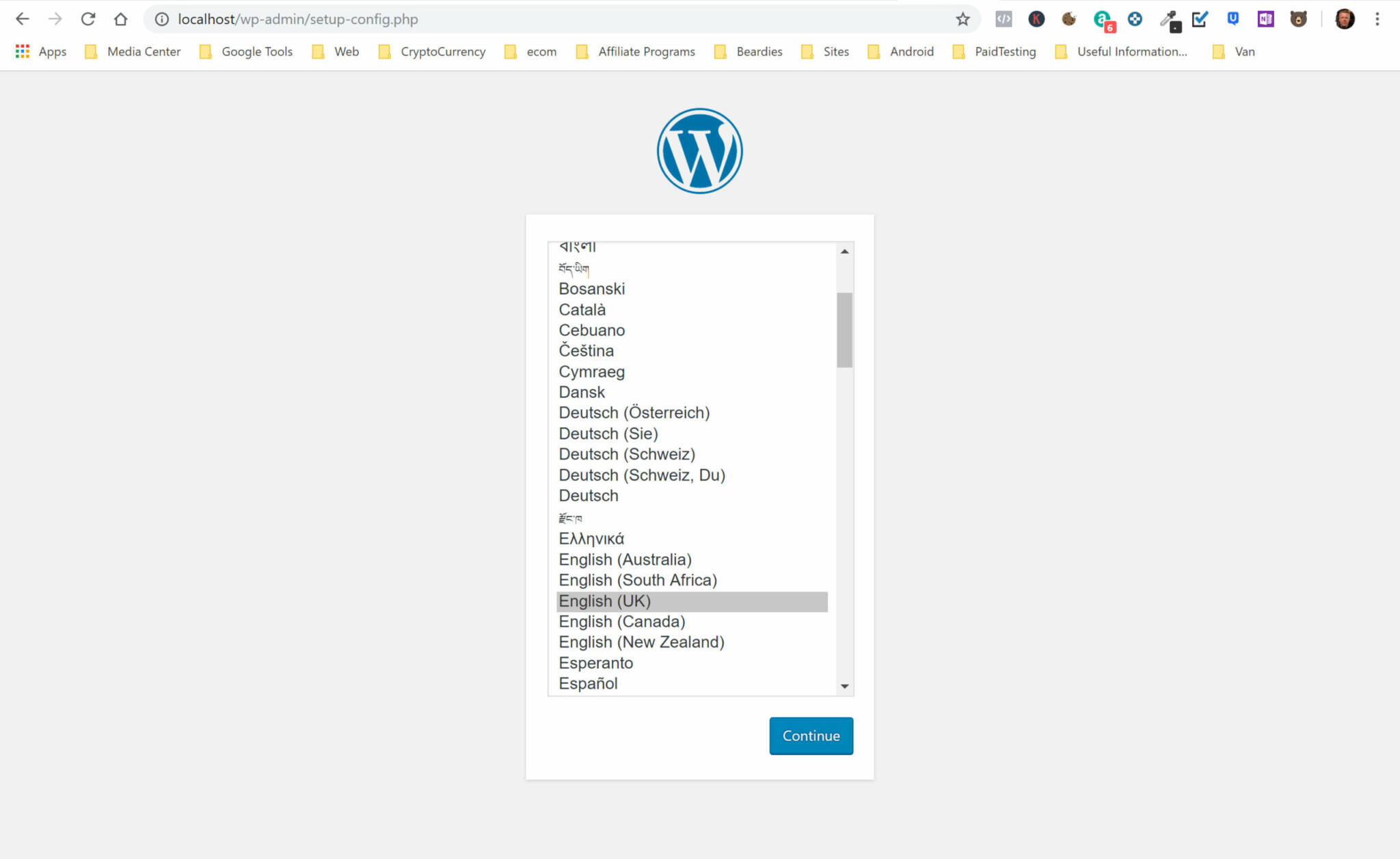 WordPress On Windows First Screen After Installation