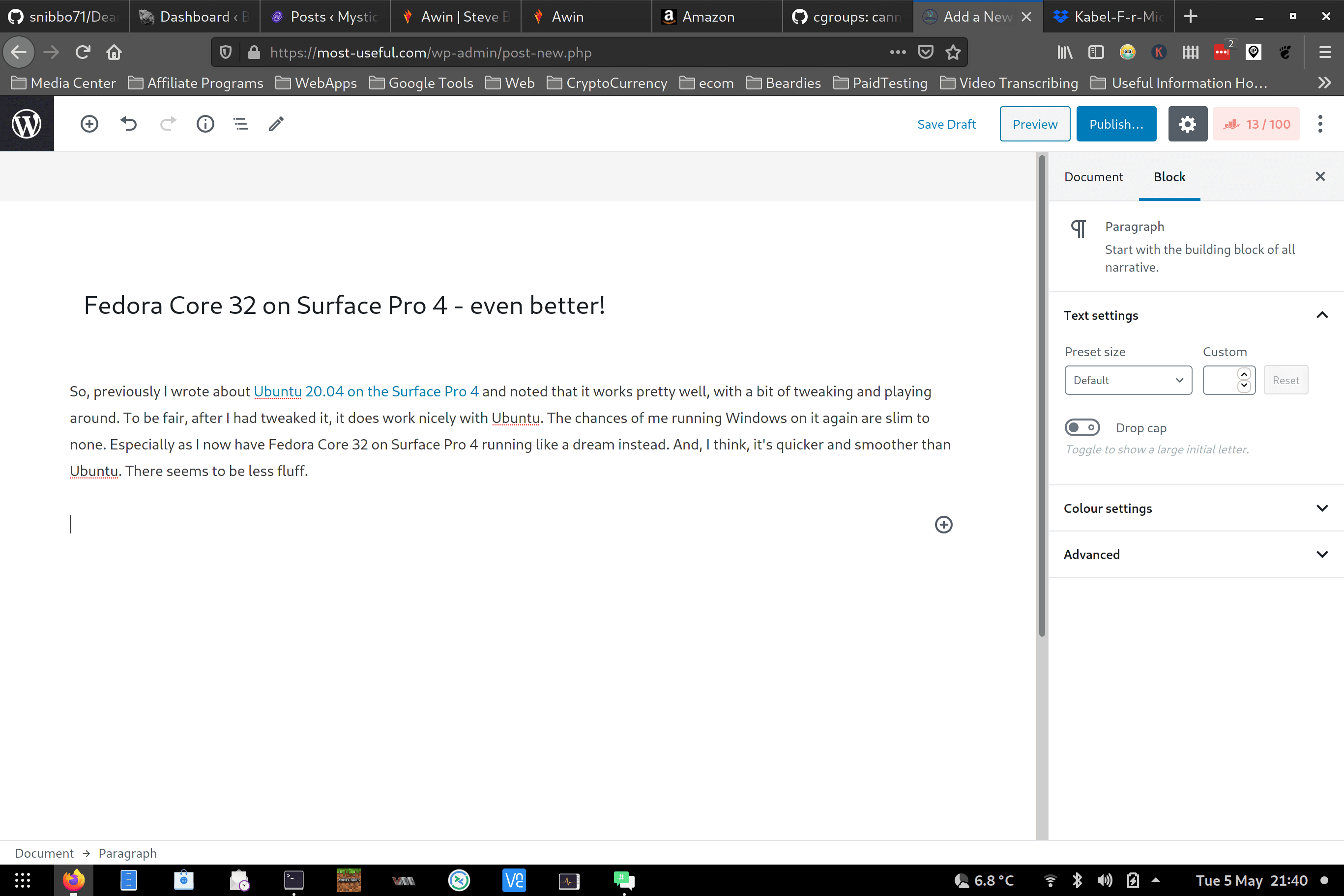 Fedora Core 32 on Surface Pro 4 screenshot