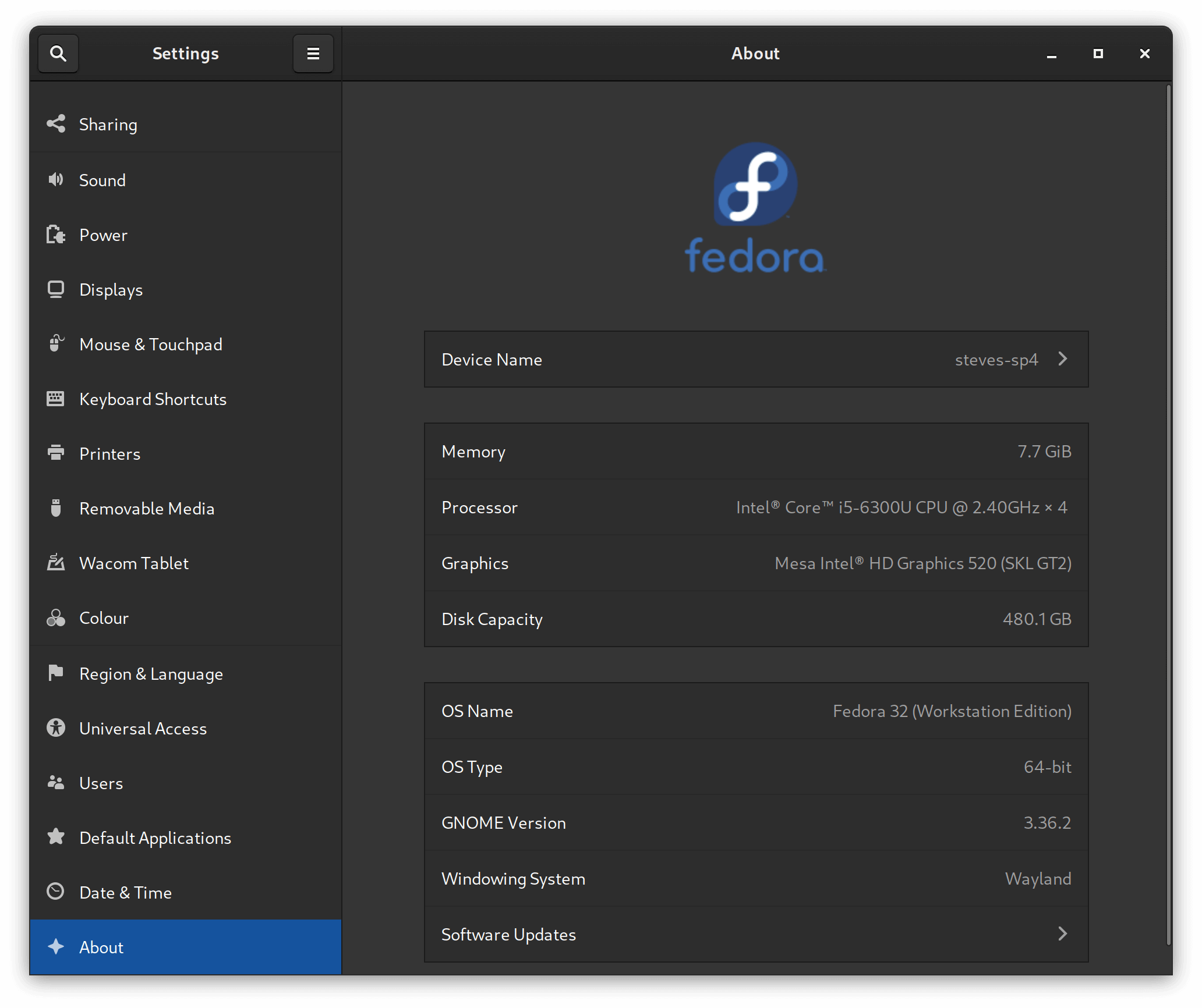 Fedora 32 on Surface Pro 4 - About Screen