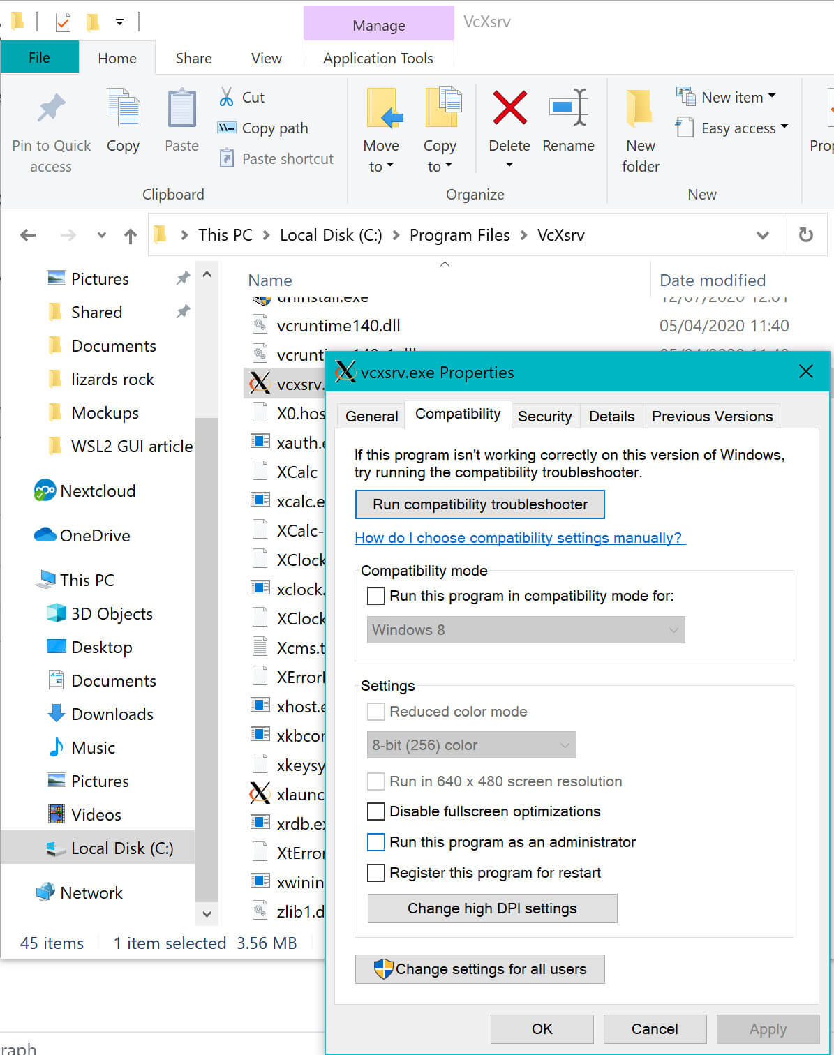 change HiDPi settings for VcXSrv on Windows