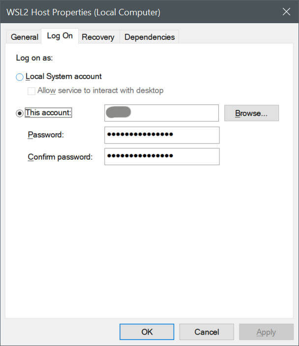 WSL2Host Service Properties