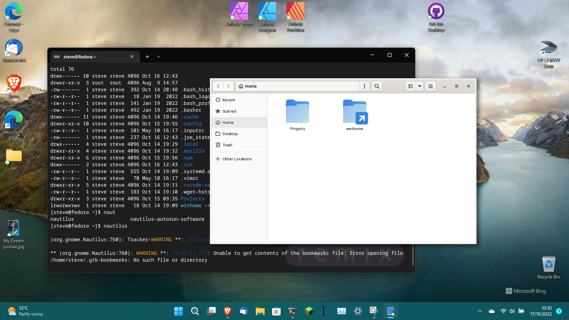 Fedora Remix for WSL Screenshot showing Nautilus GUI application running